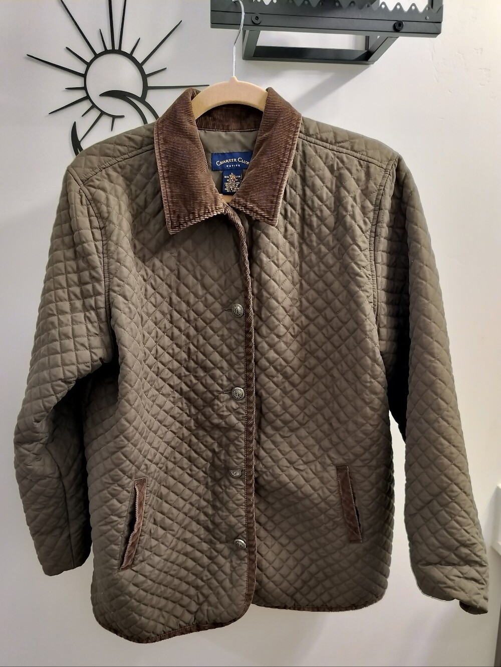Charter Club Women's Petite L BrownQuilted Barn Jacket Corduroy Collar Like new